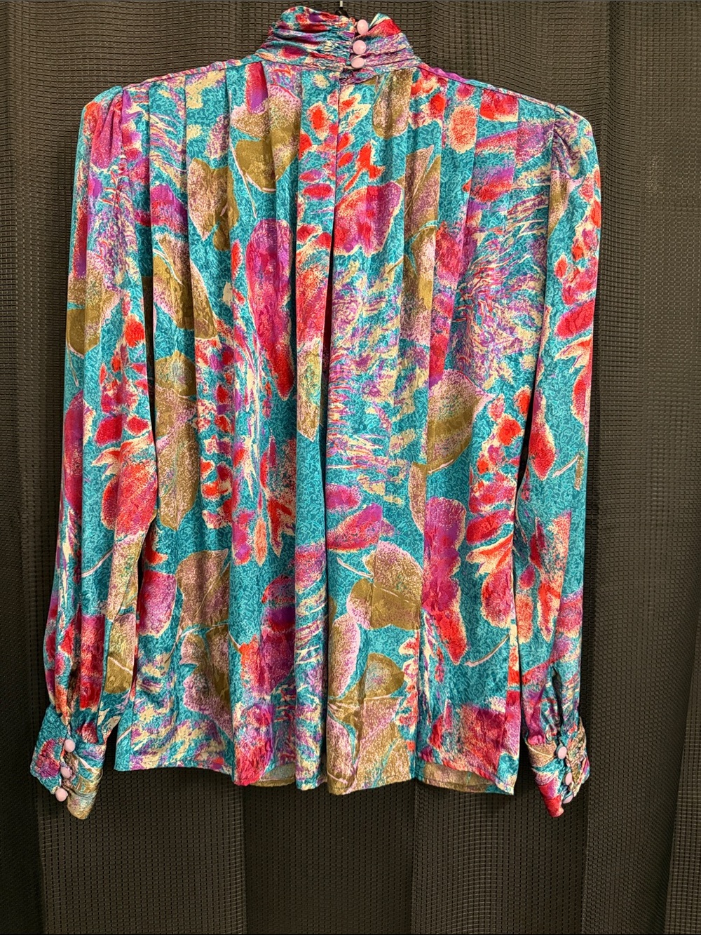 VTG Tess High-Neck Floral Blouse in Teal and Pink w/Ruching & button cuffs Sz 8 - Picture 2 of 7
